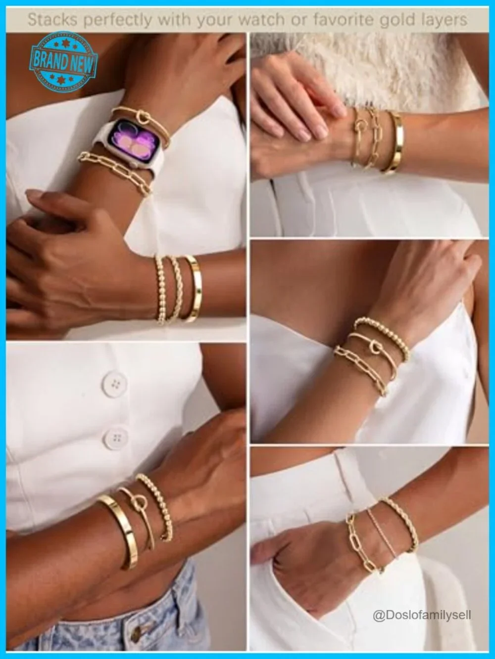 14K Gold Plated Stainless Steel Chunky Cuff & Stackable Bracelet Set for Women
